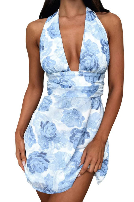 Women's Halter Deep V Neck Flowy Chiffon Bow Tie Backless Summer Mini Dress